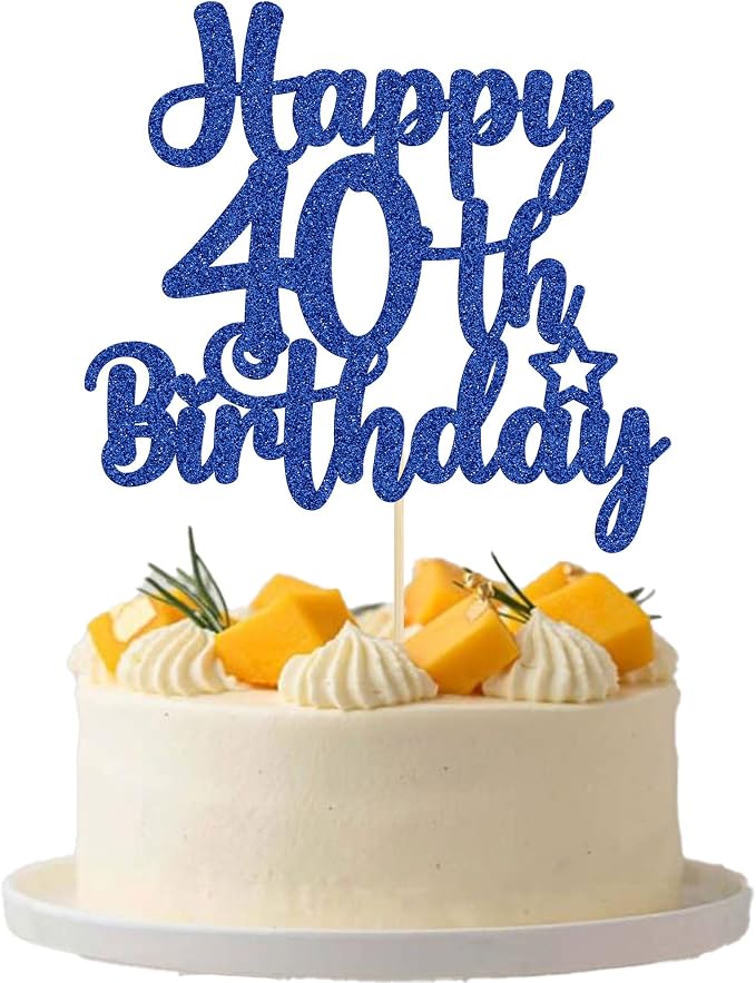 Gyufise 1Pc Happy 40th Birthday Cake Topper Glitter Cheers to 40 Years Old 40th Birthday Cake Pick for Celebrating 40th Birthday Anniversary Party Cake Decorations Supplies Blue