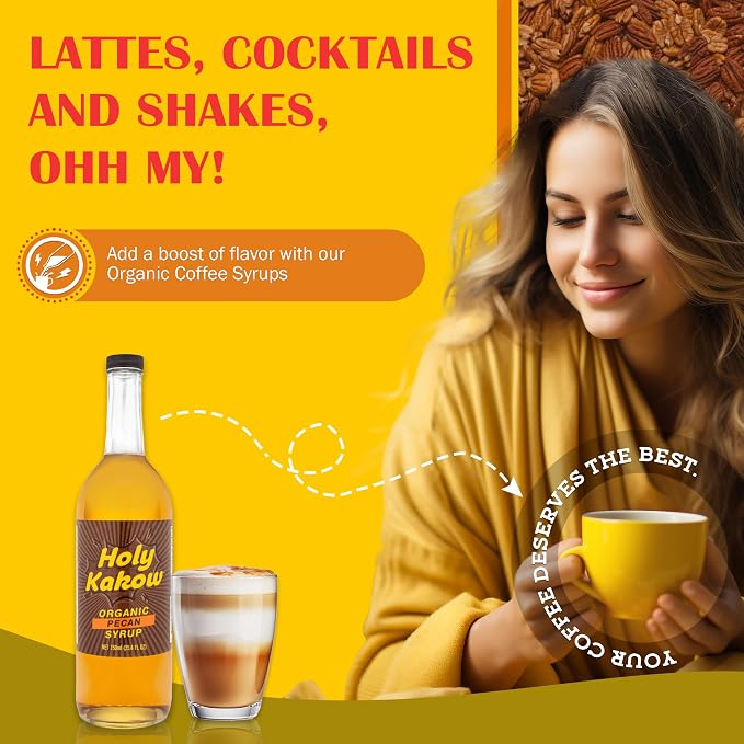 Holy Kakow Cafe Organic Pecan Syrup - Pecan Syrup, Coffee Syrup, Organic Syrup For Coffee, Syrup For Coffee, Add To Latte, Cocktail And Shake, Real Food Ingredients, Specific Flavor - 750Ml
