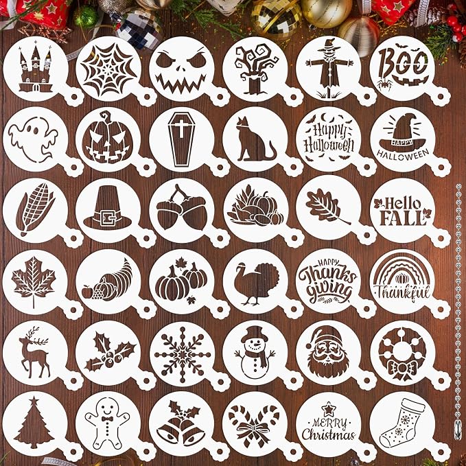 JULBEAR 36 Pcs Holiday Cookie Cake Stencils Baking Templates | Cookie cake stencils for Christmas, Halloween, Thanksgiving, for baking, painting, dessert, coffee & DIY party decoration