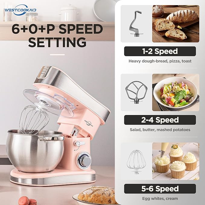 Stand Mixer, 6-Speed with Pulse Food Mixer Tilt-Head, 6.3-QT Large Mixer, WESTCOOKAID Kitchen Electric Mixer with Dough Hook, Wire Whip & Beater, Pink