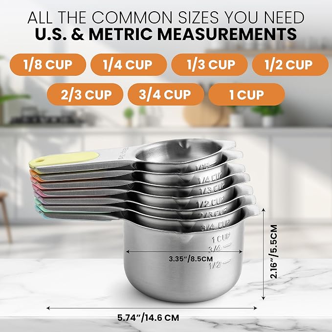 Spring Chef Stainless Steel Magnetic Measuring Cups, Set of 7 & Heavy Duty Magnetic Measuring Spoons, Set of 8 with Leveler - for Dry and Liquid Ingredients - 2 Product Bundle - Pastel