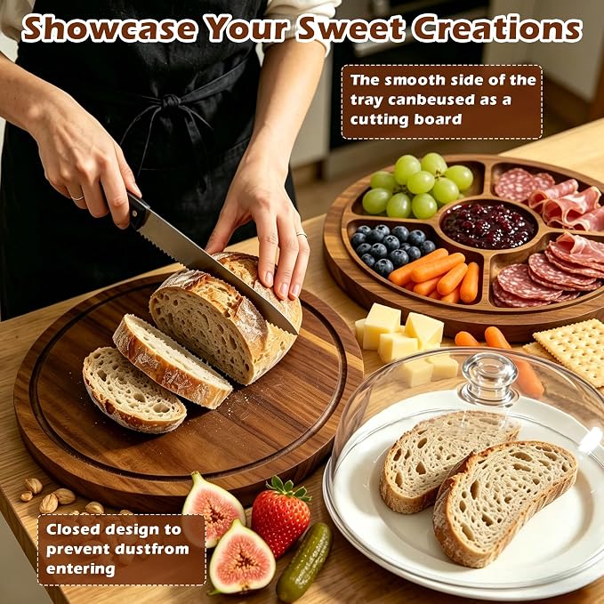 Jolitac Acacia Wood Cake Stand with Lid – 12" Wooden Rotating Cake Stand with Dome Cover, Round Cake Holder Stand with 4 Bonus Cake Sheets, Serving Tray for Cake, Cheese, Charcuterie & Parties