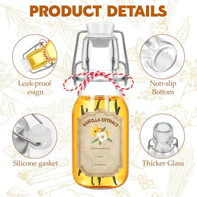 20 Pack Swing Top Glass Vanilla Extract Bottles 4 oz with Lids, Vanilla Extract Labels and Funnel, Glass Boston Vanilla Bottles for Syrup Gift, Flip Top Glass Bottles Jars for Vanilla Extract
