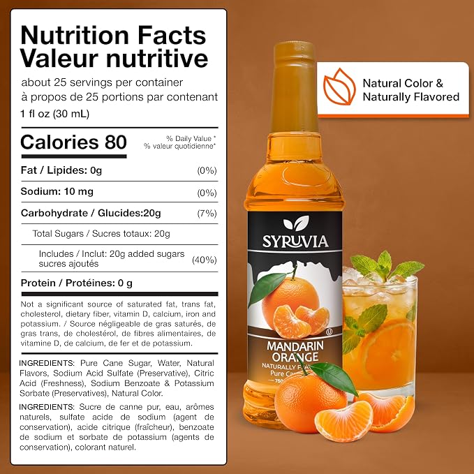 Syruvia Mandarin Orange Syrup, Naturally Flavored Syrup for Drinks, Lemonades, Iced Teas, and Desserts – 25.4 fl oz - with Pump
