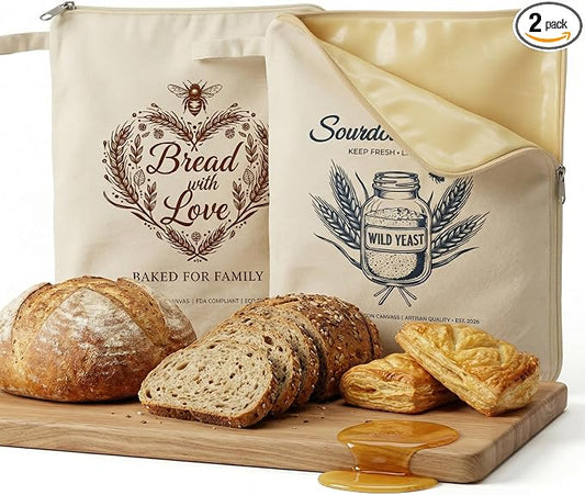 2 Pack Beeswax Bread Bags for Homemade Bread - XL 13x17in Reusable Sourdough Bread Bags with Wide Zipper Access, Organic Linen Cotton Freezer Safe Eco-Friendly Fresh Storage
