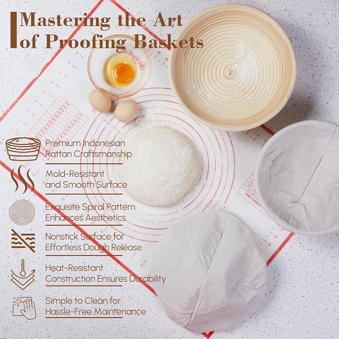 17 Pieces Banneton Bread Proofing Basket Set - 9 and 10 inch Round Sourdough Bread Proofing Baskets - A Complete Bread Making Kit, Danish Whisk, Bowl Scraper, Dough Scraper, & Bread Lame