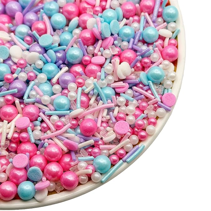 SE Si&Moos Pastel Sprinkles 3 OZ Pink Purple Blue and White Edible Pearls for Cake Decorating Edible Pearls and Sequins Sprinkles Mix for Baby Shower Wedding Halloween Christmas Cookie Decorations