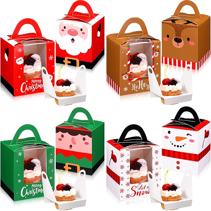 TaoBary 24 Pcs Christmas Cupcake Boxes Xmas Individual Cupcake Box Christmas Cookie Boxes with Window Insert Handle Muffin Pastry Holder Bakery Treat Box for X-mas Party(Snowman)