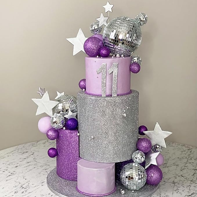 32PCS Disco Purple Ball Cake Topper Decoration for Wedding Birthday Baby Shower Party Cake Decoration Supplies