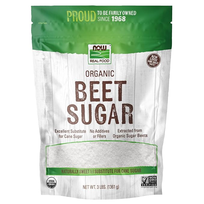 NOW Foods, Certified Organic Beet Sugar, Extracted from Organic Sugar Beets, Excellent Substitute for Cane Sugar, No Additivies or Fillers, Certified Non-GMO, 3-Pound (Packaging May Vary)