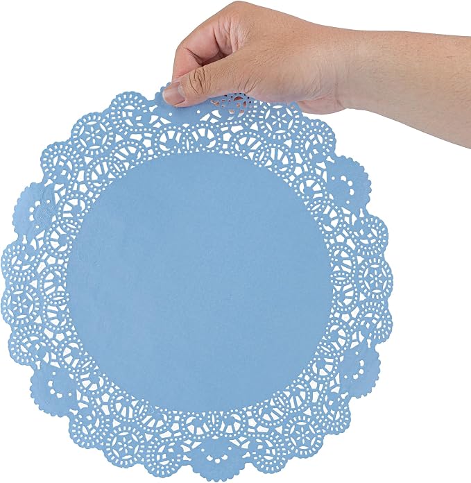 Restaurantware-Pastry Tek 12 x 12 Inch Paper Lace Doilies, 4000 Disposable Table Doilies - Elegant Lace Finish, Long Lasting, Sky Blue Paper Placemat, for Pastries, Cupcakes, Desserts