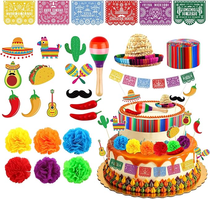 33PCS Mexican Cake Decorations Mexican Cake Topper with Mini Papel Picado Banner Serape Ribbon cactus Taco and Flower Cakes Decor for Fiesta Themed Party Decorations Baby Shower