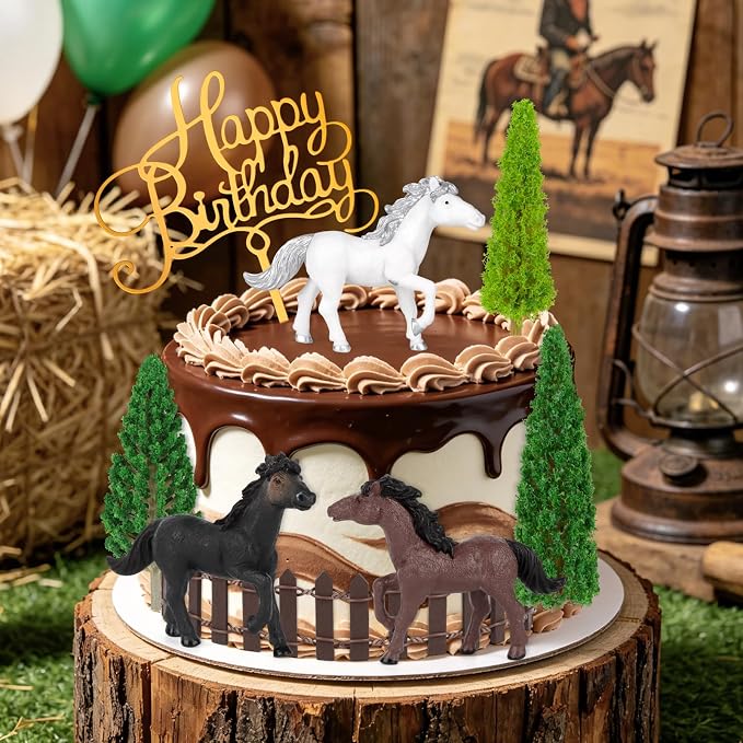 Hooqict 9Pcs Horse Cake Decorations Set with Happy Birthday Cowboy Cake Toppers for Western Cowboy Themed Horse Birthday Party Decorations Supplies