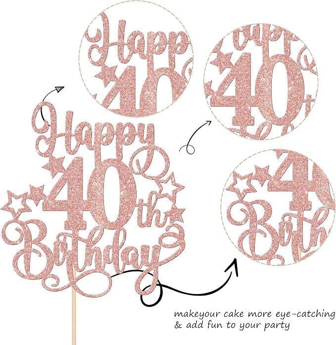 1 PCS Happy 40th Birthday Cake Topper Glitter Cheers to 40 Years Birthday Cake Pick Hello 40 Fabulous Cake Decoration for Happy 40th Birthday Anniversary Party Decorations Supplies Rose Gold