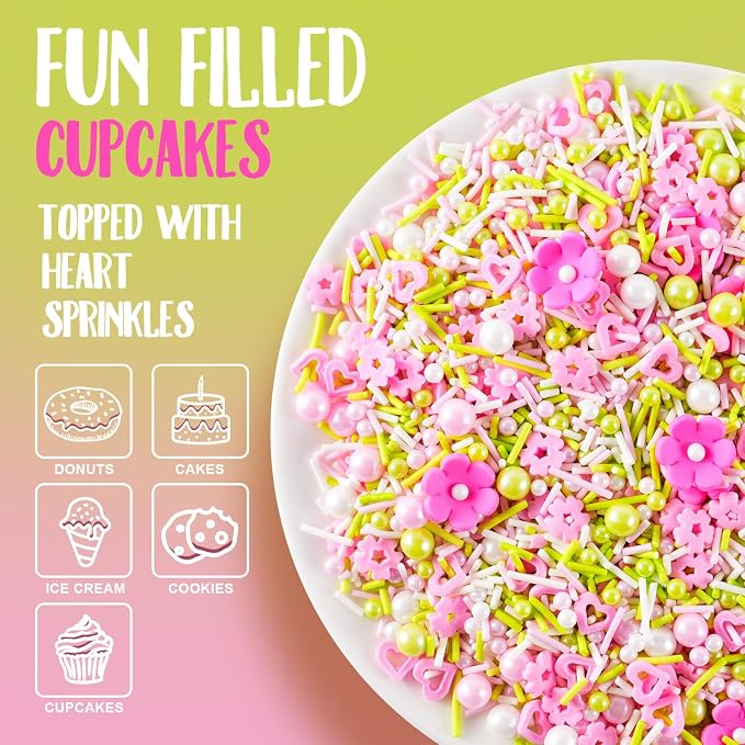 Flowers Sprinkles for Cake Decorating, 15 Pink Flowers Icing Decorations - 7 oz Easter Pastel Sprinkles Green Pink Sugar Pearls Jimmies for Cookie Decorating, Spring Sprinkles Cupcake Topper, Ice Cream, Candy Chocolate