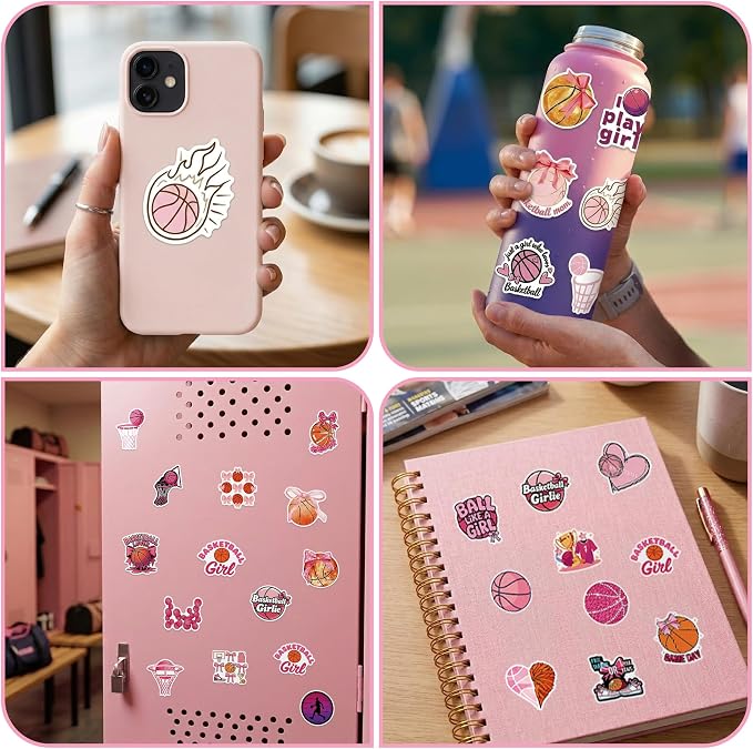 50 Pcs Pink Basketball Stickers for Scrapbooking, Waterproof Vinyl Girl Sport Stickers for Laptops Water Bottles Journals, Cute Bow Ball Decals for Kids Teens Girls