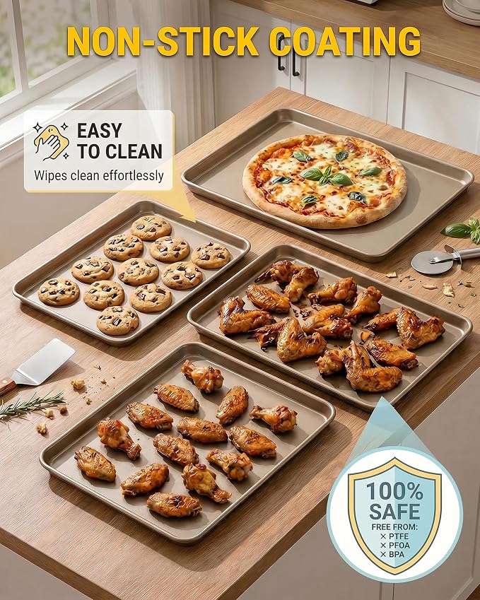 Heavy-Duty Nonstick Baking Sheet, 0.8mm Thick Warp-Resistant Cookie Sheets, Carbon Steel, 3 Pack Half Sheet Pan for Cookies and Pizza (Champagne Gold)