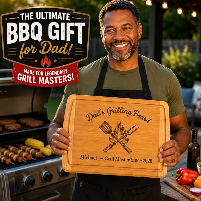Personalized BBQ Cutting Board Gift - Custom Engraved Bamboo Wooden Grill Board for Dad Husband Grandpa, Grilling Gifts for Men, Grill Master Meat Steak Board, Birthday, House Warming Gifts New Home