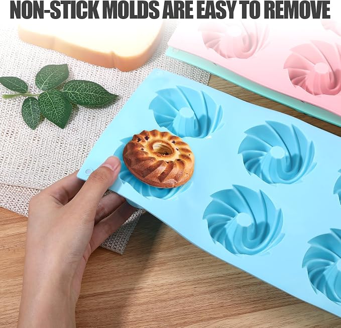 3 PCS Mini Bundt Cake Pans for Baking, 6-Cavity Fluted Tubular Mini Cake Pans, Silicone Molds for Baking, Ideal for Brownies, Cookies, Cupcakes, Jellies, Muffins, Donuts(Spiral Shape)