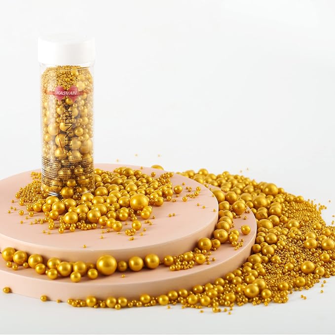 Kasvan Gold Pearl Sugar Sprinkles - Edible Candy Pearls 130g/4.58 Oz, Mix Size, Baking Cake Decorations, Ice Cream Toppings and Cookie Decorating, Wedding Party Chirstmas Supplies