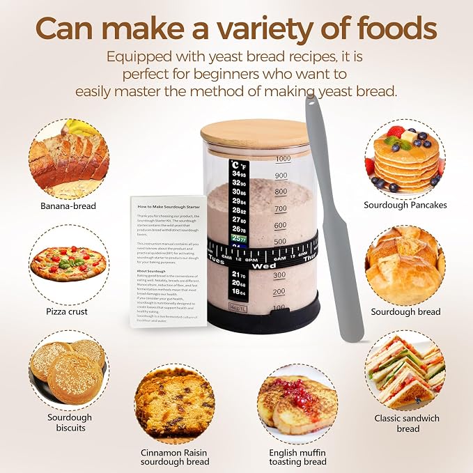 BRIRILINE Pro Sourdough Bread Starter Kit - 34 oz sourdough jar with 5 unique features for the perfect sour dough bread & sourdough starter kit - baking supplies (34oz-1pack)