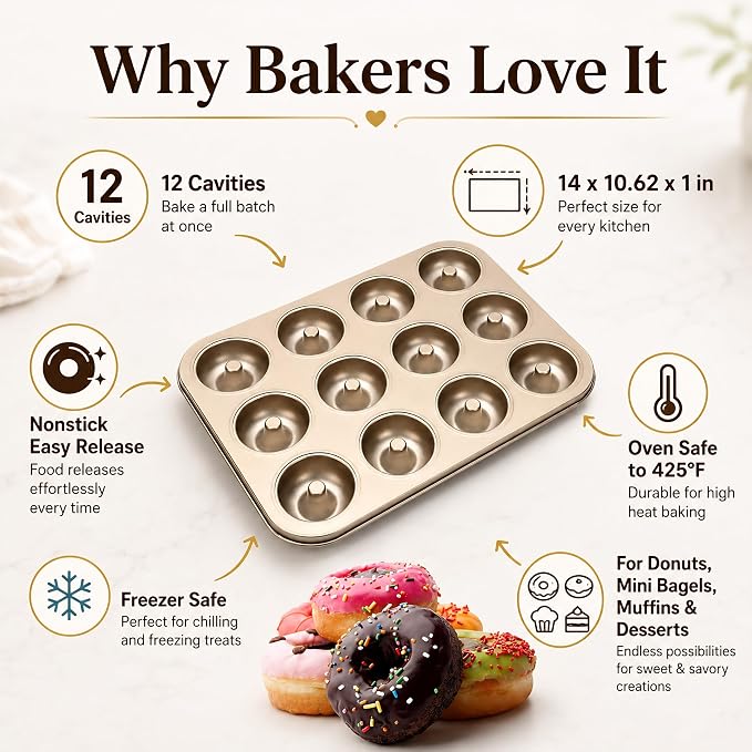 Good Dee's Nonstick Donut Pan for Baking 12 Cavity - Carbon Steel Donut Baking Pan for Muffin, Cake, Dessert & Mini Bagel | Doughnut Bakeware for Oven Baking | Mold Donut Trays Easy Clean & Non-Stick
