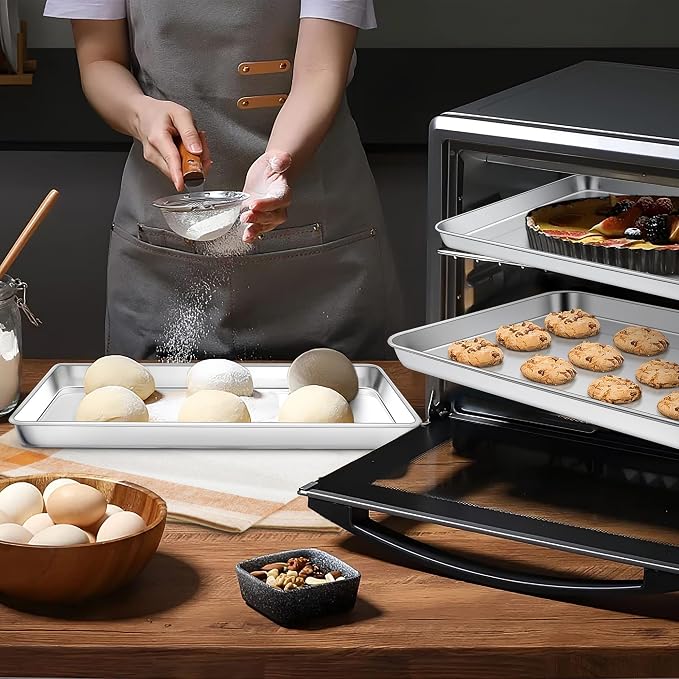 Homikit 3 Pack Baking Sheet, 9 x 13 Inches Stainless Steel Quarter Sheet Pan Set for Baking Cooking Toasting, Metal Cookie Tray Fits Toaster Oven, Non Stick & Rust Free, Dishwasher Safe