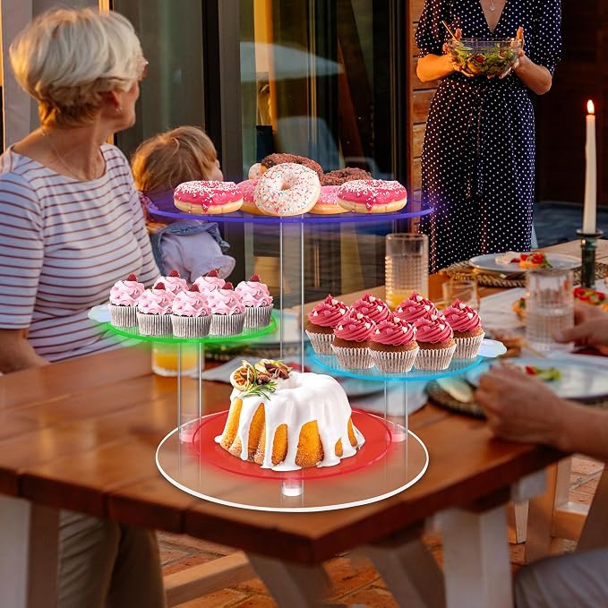 Rechargable LED Light Cupcake Stand, Light Up Cake and Cupcake Stand Combo, 4 Tier Round Dessert Table Display Set, Acrylic Cake Stands for Party Food Home Decor Wedding Birthday