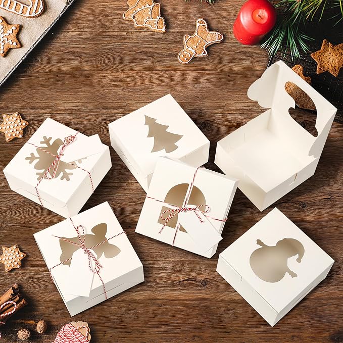 36 PCS White Bakery Boxes with Window, 6x6x3 Inch Christmas Cookie Boxes for Gift Giving, 6 Inch Small Treat Boxes for Mini Cake Pastry Dessert Strawberries Cupcakes Candy Donut Packaging
