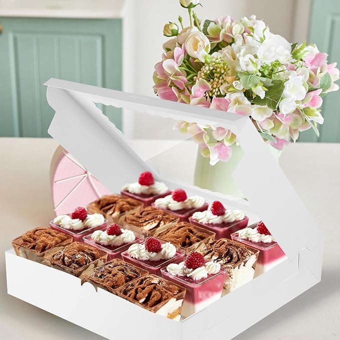 Yeplan 10-Pack Cookie Boxes with Window, 12x12x2.5 Inch Bakery Boxes, White Treat Boxes for Desserts, Donuts, Muffins, Pies, Chocolates - Pastry Packaging for Baked Goods