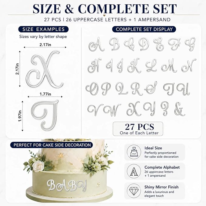 27PCS Silver Monogram Alphabet Cake Decor Set A–Z & Symbol Mirror Acrylic Decorative Letter Cake Decorations Personalized Initials for Wedding Anniversary Engagement Celebration