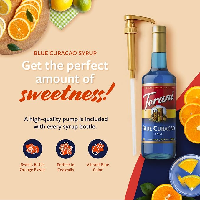 Torani Blue Curacao Syrup, Non-Alcoholic Flavoring for Drinks, Glass Bottle with Pump Included, 25.4 Fl Oz