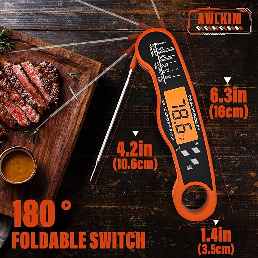 AWLKIM Digital Meat Thermometer, Instant Read Thermometer, Orange | Food thermometer for grill, BBQ, candy, oil and baking; backlit display, foldable probe and magnetic storage.