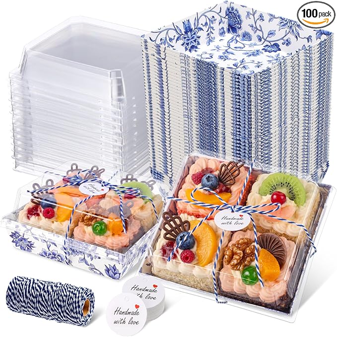 Outus 100 Pack Charcuterie Boxes with Clear Lids, 5.5 x 5.1'' Paper Dessert Boxes to Go with Gift Tags Rope Disposable Party Treat Food Containers for Cookies, Donuts, Muffins, Salad, and Pastry
