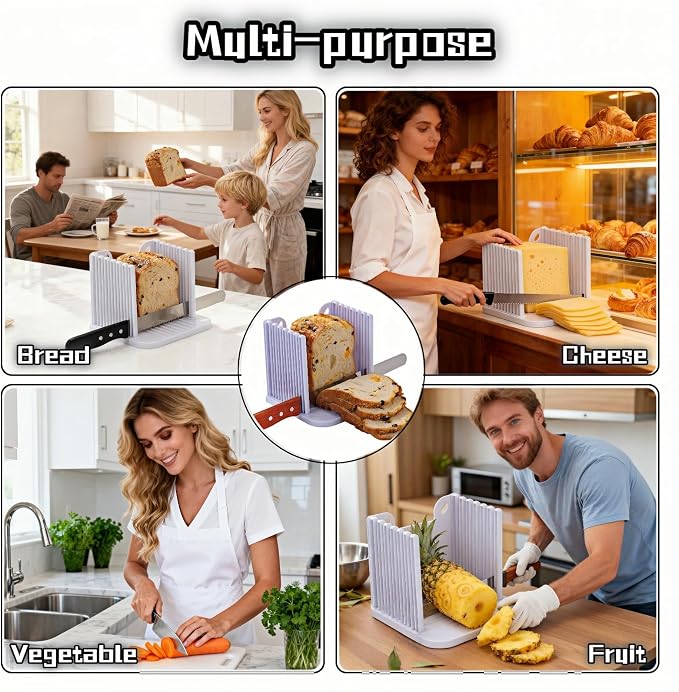 Adjustable Bread Slicer Guide - 4 Thickness Settings for Perfect Homemade Bread Slices, Food-Grade ABS Toast Cutter with Crumb Tray, Multi-Purpose Kitchen Tool for Bread, Cheese, Fruits & Vegetables