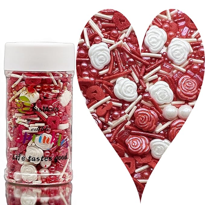 SE Si&Moos Valentine Sprinkles Edible Red and White Roses for Cake Decorating Heart Confetti Red and White Sprinkles for Cake Decorations, Baking, Ice Cream, Cookies, Cupcake Toppers Party Baby Shower Holiday Supplies 3 OZ