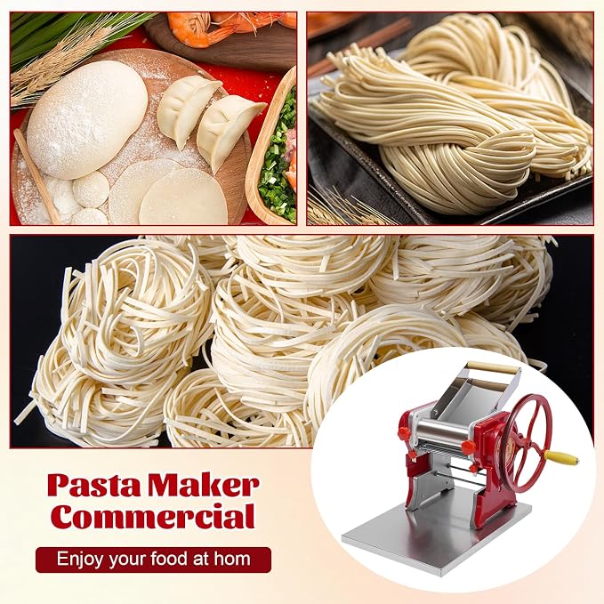 Commercial Pasta Maker, Stainless Steel Manual Pasta Machine with Adjustable Thickness Settings, Angel Hair Ravioli Noodle Cutter,Dough, Wide Noodles, Fine Noodles, Lasagna or Dumpling Skins