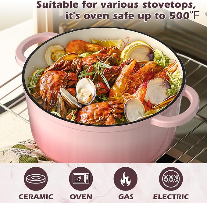 Umite Chef Enameled Cast Iron Dutch Oven-7QT Pot with Lid Cookbook & Cotton, Heavy-Duty Cookware for for Bread Baking, Braising, Stews, Marinate, Cook(Pink)