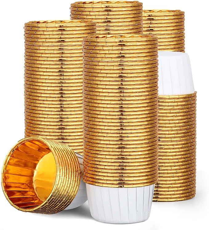 EUSOAR Cupcake Cups, 200pcs 3.5oz Mini Cheesecakes Holders Disposable Ramekins, Muffin Cupcake Liners Aluminum Foil Wrappers Paper Liner Cups for Birthday Wedding Party Festival-White/Gold