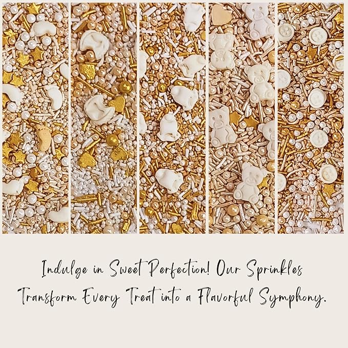 Confect Neutral Baby Shower Sprinkles | Gander Reveal Sprinkles | Mix Gold, Silver, Pearl & Mint Green Sprinkles | Pack of 5 Edible Sprinkle | Vegan, Gluten-Free, Nut-Free, Soy-Free, Dairy-Free, Palm Oil-Free - 5 Oz