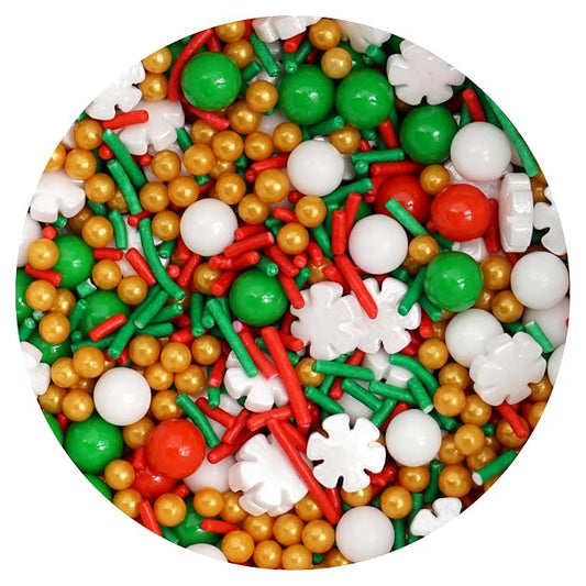 Red, White, Gold and Green Pearls and Snowflakes Sprinkles Mix 4.4 oz, Christmas Sprinkles For Cake Decorating, Baking, Ice Cream & More, The Hampton Candy Company