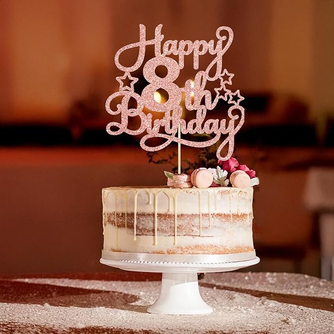 1 Pack Happy 8th Birthday Cake Topper Rose Gold Glitter 8th Birthday Cheers to 8 Years Old Birthday Cake Pick for Celebrating Anniversary Party Cake Decorations Supplies