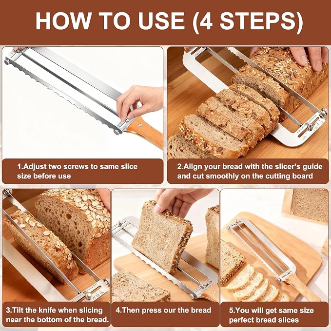 SINYWAY SINWAY 16IN Adjustable Bread Knife, Upgraded Stainless Steel Bread Slicer with Precision Thickness Guide for Sourdough Baguettes Bagels, Homemade Bread Cutter, Ideal Baker Gift