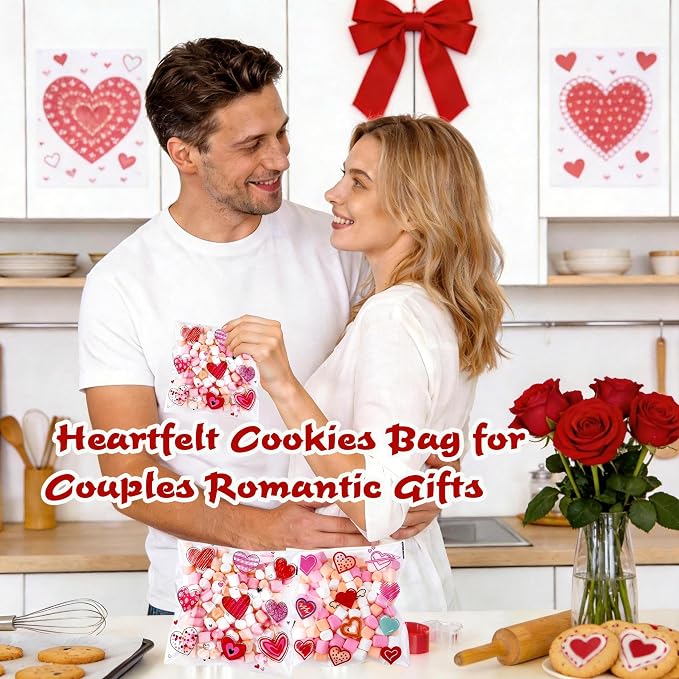 200PCS 5.5x5.5inch Valentine Cellophane Bags, Heart Cookie Bags | Clear Red Pink Lovely Printed Bags, Self Adhesive OPP Treat Bag for Cookie Bakery Present Gift Goodies DIY Candy Decorating