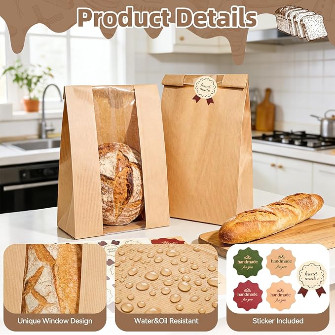 Funcoo 30 pcs Bread Bags for Homemade Bread Paper Sourdough Bread Bakery Storage Bags with Window, Large Bakery Bread Loaf Bags for Baked Goods Packaging, Label Seal sticker included