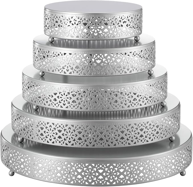 Wenqik 5 Pcs Metal Silver Cake Stand 16/14/12/10/8 Inch Round Cake Holder Display for Dessert Table Cookies Fruit Serving Tray Cupcake Pastry Riser for Wedding Birthday Party and Events