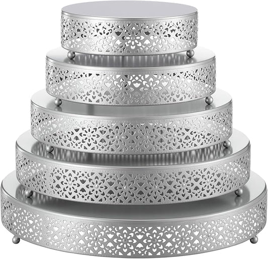 Wenqik 5 Pcs Metal Silver Cake Stand 16/14/12/10/8 Inch Round Cake Holder Display for Dessert Table Cookies Fruit Serving Tray Cupcake Pastry Riser for Wedding Birthday Party and Events