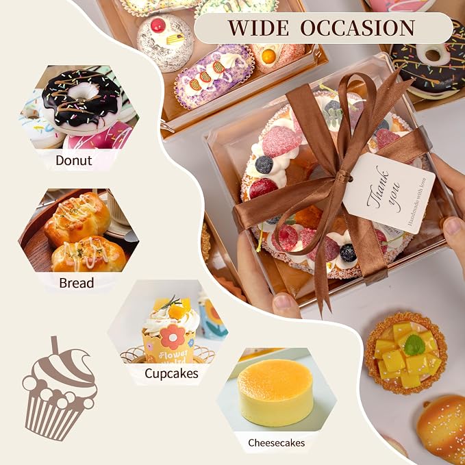 7 x 7 x 4 Inches Paper Cake Boxes with Clear Lids, 50 Pack Brown Charcuterie Boxes Large Square Food Containers, Disposable Bakery Boxes for Valentine's Day 4-6 Inch Bundt Cake, Pie, Dessert