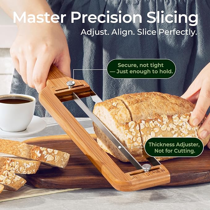 Keechee Adjustable Bread Slicer for Homemade Bread – Sourdough Bread Knife with Thickness Guide & Serrated Stainless Blade, Manual Bow Cutter for Bagels and Baguettes, Gift for Baker, Ambidextrous Use