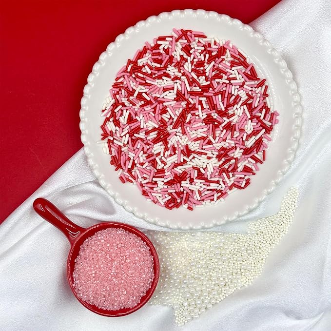 Valentines Sprinkles for Cake Decorating, 7.8oz Pink Heart Jimmies Pearl Sprinkles for Valentines Cookie Baking Cupcake Topping